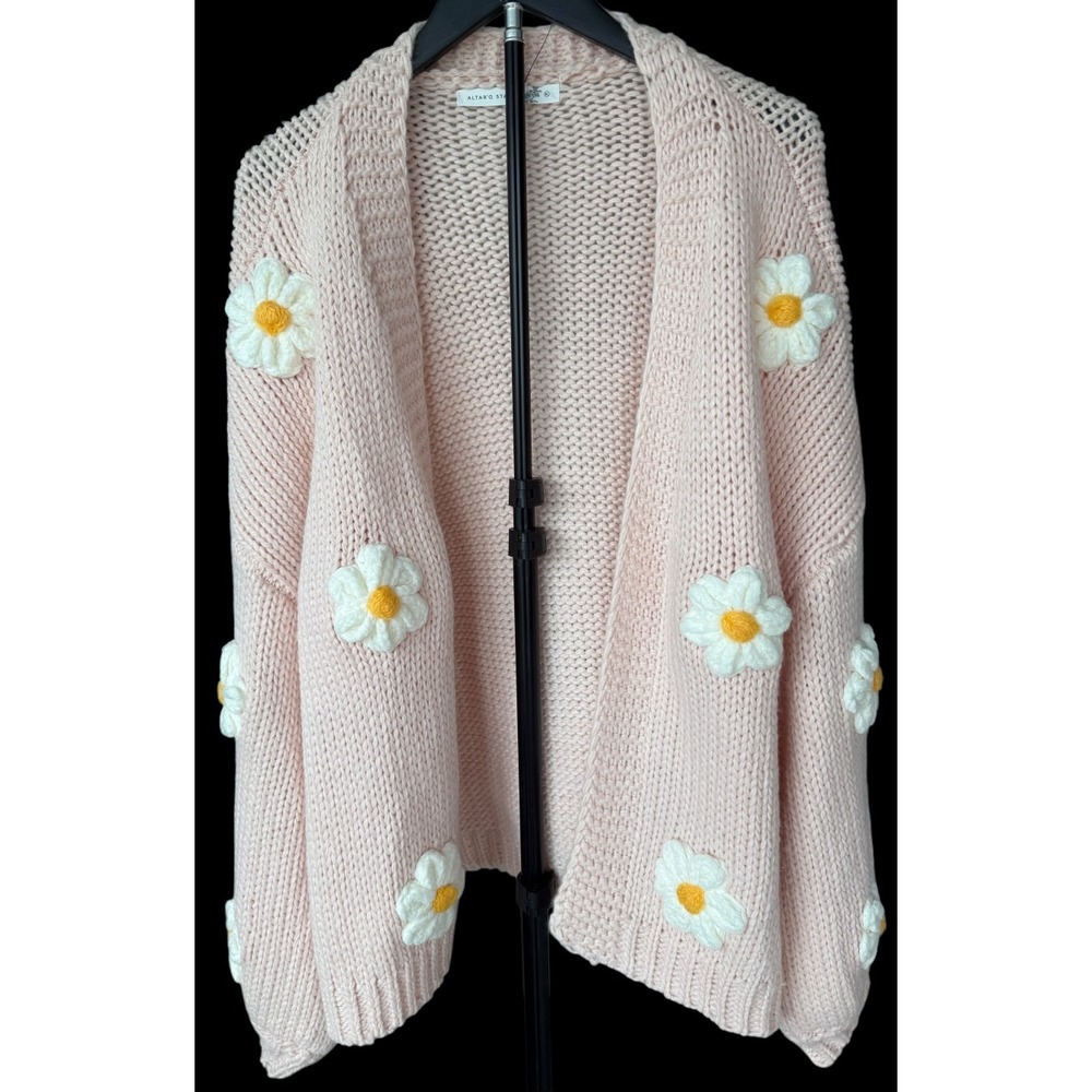 Altar'd State Daisy Flower Chunky Knit Open Front Cardigan Pink XL Coquette - Picture 3 of 10